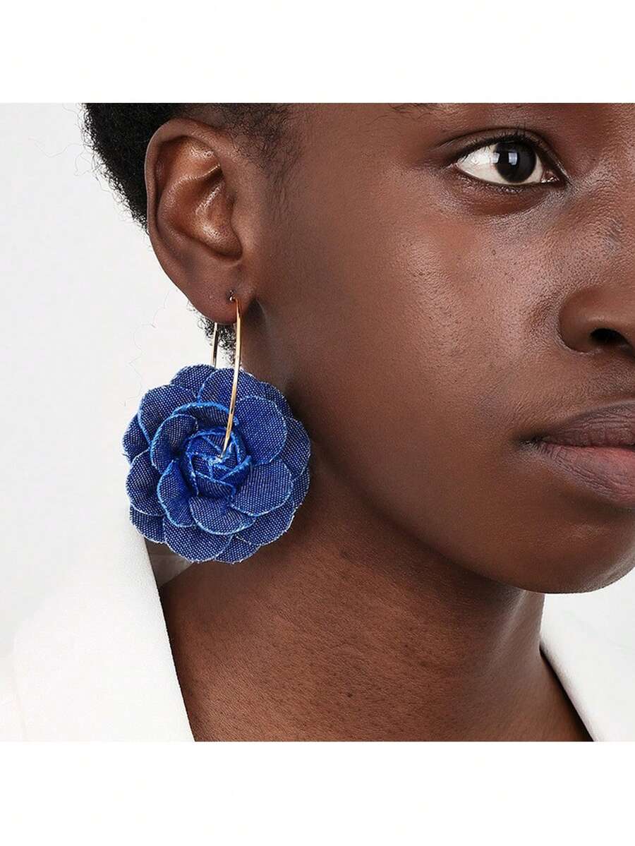 1 par de pendientes de aro con flor de denim hecha a mano exagerada, pendientes de aro con flor de rosa de estilo vintage para mujeres, regalo de moda diario/fiesta/cumpleaños para amigos - pendientes de rosa azul - Ver 1