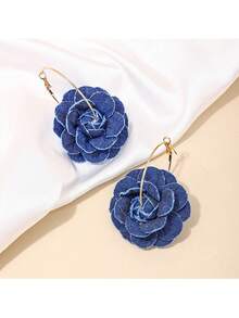 1 par de pendientes de aro con flor de denim hecha a mano exagerada, pendientes de aro con flor de rosa de estilo vintage para mujeres, regalo de moda diario/fiesta/cumpleaños para amigos - pendientes de rosa azul - Ver 5