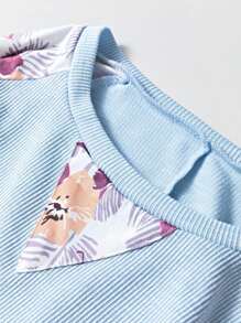 Boho Retro Vintage 60's Vibe Cream Cotton Raglan Lantern Bubble Puff  Sleeve  Floral Rib Patchwork Top Sweat Shirt Blouse - 藍色 - 查看 5