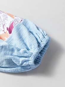 Boho Retro Vintage 60's Vibe Cream Cotton Raglan Lantern Bubble Puff  Sleeve  Floral Rib Patchwork Top Sweat Shirt Blouse - 藍色 - 查看 6
