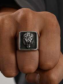 1枚不锈钢个性化嘻哈狮头方形图案男士戒指，夏季配饰