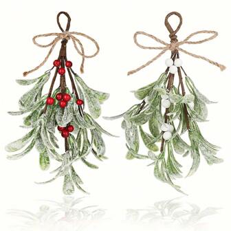 2 Packs Hanging Mistletoe Artificial Plant Ornaments Frosty Mistletoe Hanging Decorations For Tree Fireplace Mantle Wall Door Window Party Gift Home Decor, Valentine Day, Gift Christmas Decorations Room Decor Christmas