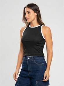 Set Of 2 Two-Tone Ribbed Tank Tops - 黑與白 - 查看 5