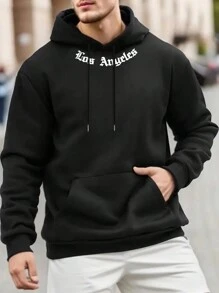 男士休闲字母印花连帽运动衫，百搭健身通勤 - 黑色 - 查看 1