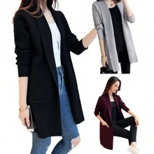 Women's Long Cardigan Maxi Sweater With Pockets - Black - View 1