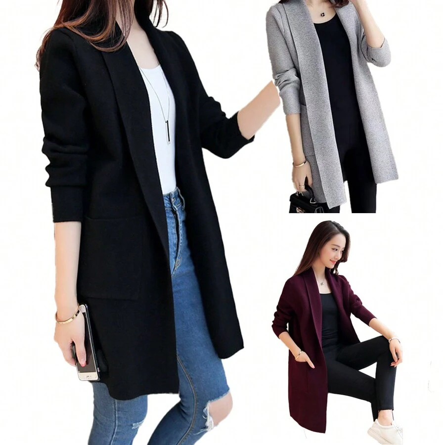 Women's Long Cardigan Maxi Sweater With Pockets - Black - View 1