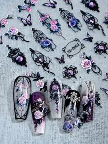 Beauty Sticker 4 件装 5D 美甲贴纸，秋冬果冻纹理复古哥特式骷髅玫瑰蝴蝶自粘指甲贴花，适合女士和女孩 DIY 使用的美甲装饰 - 彩色 - 查看 3