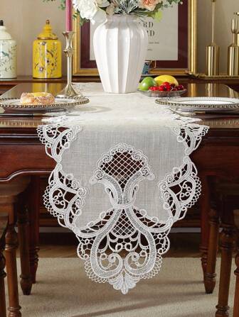 1 st. polyesterlinne broderad spetsduk, dammtät dekorativ bordslöpare för kök, matbord, skåp, skrivbord, soffbord, sminkbord, heminredning, familjesammankomster, högtidsdekoration, inomhus- och utomhusbruk