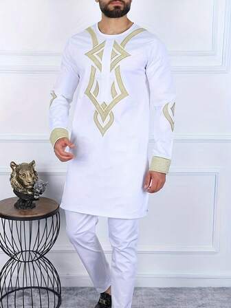 Abito lungo a maniche lunghe con stampa geometrica per uomo, stile arabo