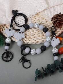 1pc Halloween Ghost Silicone Skull Print Beaded Keychain, ID Card, Lanyard, Bag Charm, Wristlet Key Ring, Halloween Christmas Gift Ideas Bag Lanyards With Id Holder Car Accessories Bag Charms