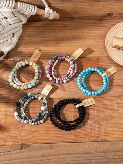 Set de 3 pulseras de cuentas de piedra natural con cuentas de 4 mm / 6 mm / 8 mm, pulseras de amor de pareja, regalo del Día de San Valentín