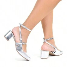 Retro Slingback Pumps Thick Heel Shoes - 銀色 - 查看 5