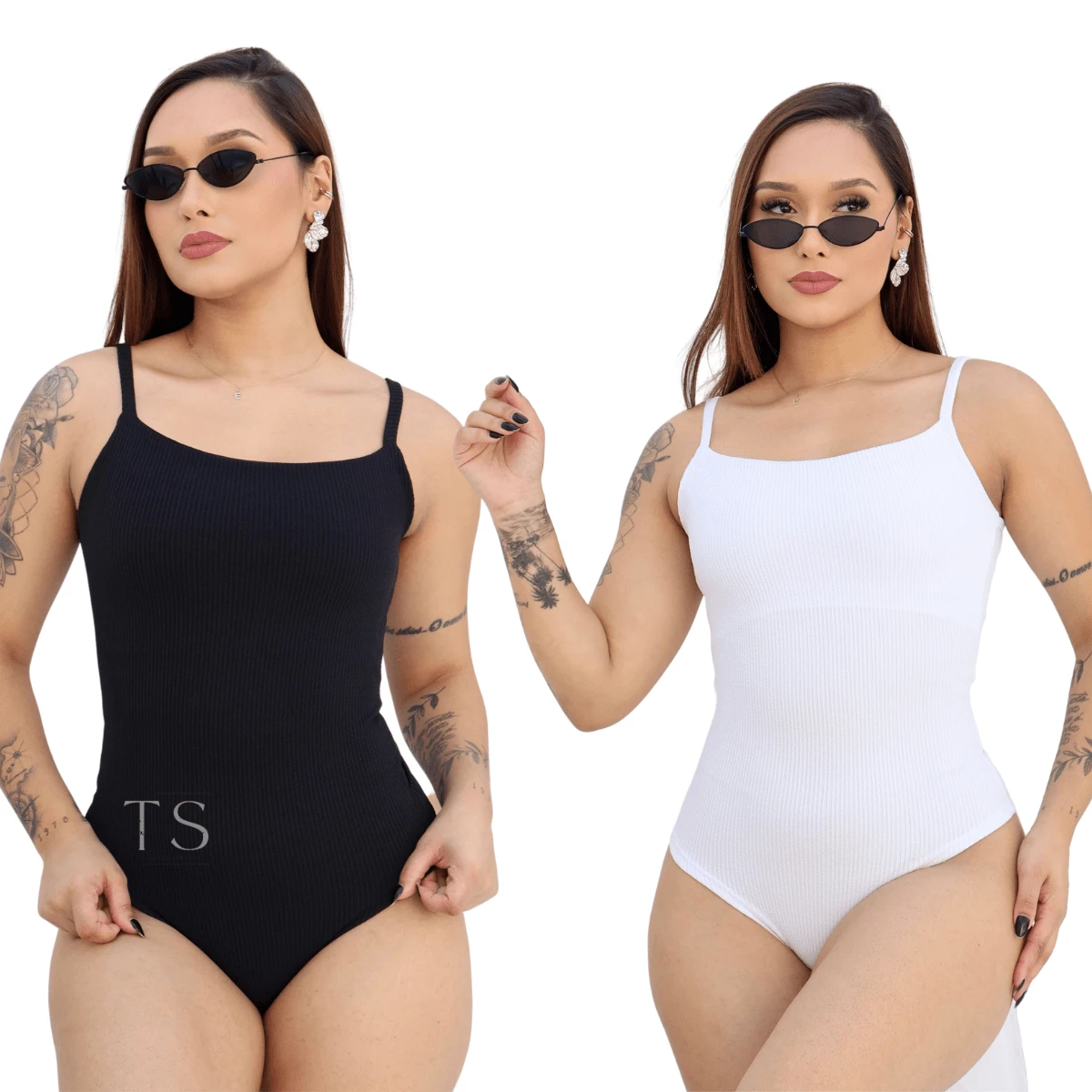KIT 2 Women's Bodysuit With Thin Straps Premium Ribbed Terrycloth Straps - Black and White - View 1