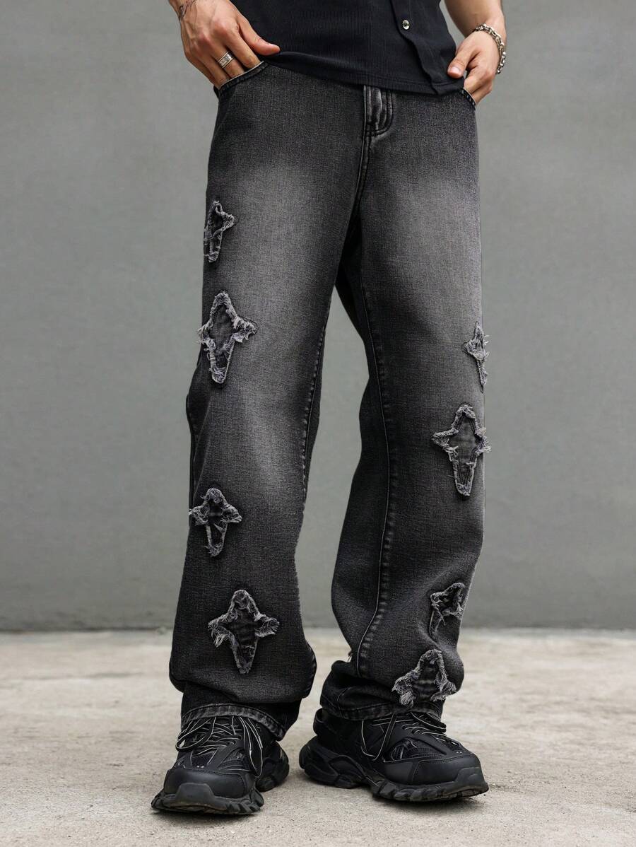 Grunge Goth Y2K Style Men's Cargo Pants With Pentagram Patch, Straight Leg Pockets, Casual Loose Fit Streetwear Jeans