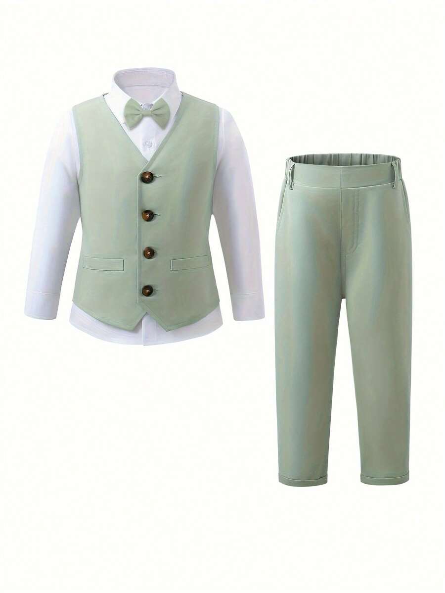 年轻男孩正式绅士装 - 纯色背心、长袖衬衫、长裤套装，适合生日派对、典礼
