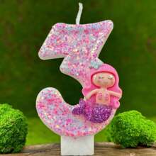 1 pieza Vela numérica para pastel de cumpleaños, decoración de fiesta, celebración de cumpleaños. Vela de número de pastel creativa decoración hecha a mano de fiesta de sirena rosa, Navidad