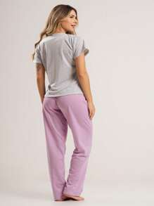 Women's Pajamas With Short Raglan Sleeves And Long Trousers In Comfortable Mesh, Dyeu Night Line - Màu đỏ tím - Xem 2