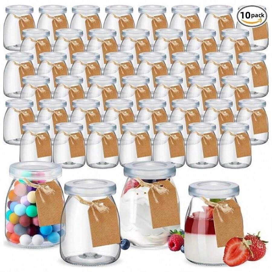 10 lọ sữa chua có nắp, lọ thủy tinh Mason trong suốt 4oz, hộp thủy tinh mini có nhãn dây, đựng sữa, mứt, thạch, mousse, mật ong, sản phẩm tắm, quà tặng đám cưới - Nhiều màu - Xem 1