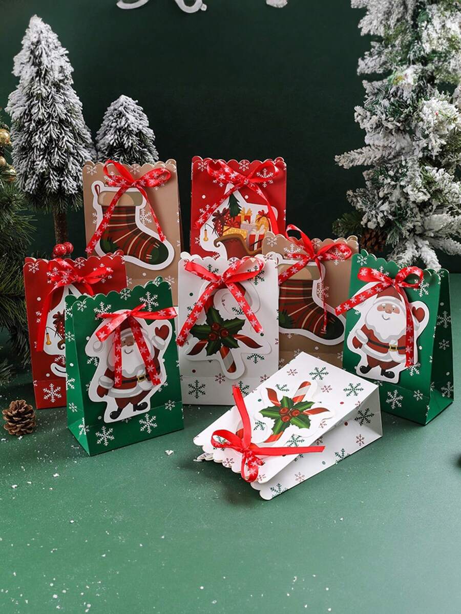 3/5 件圣诞礼品袋，创意蝴蝶结和雪花印花圣诞纸袋，糖果/零食袋圣诞节圣诞装饰品圣诞睡衣圣诞礼物圣诞装饰 - 彩色 - 查看 1