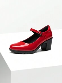Women's Chunky Low Block Heels Pumps Mary Janes Closed Round Toe Comfortable Elegant Solid Color Dating Vacation Classic Dress Work Shoes - 紅色 - 查看 6