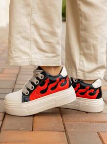 Fashion Flat Platform Women Sneakers Black Round Toe Embroidery Ladies Ankle Boots Lace Up Thick Sole Vulcanized Shoes Goth Punk Rock Designer Sport Flame Shoes - Đỏ - Xem 3
