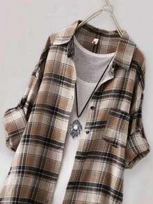 Women's Casual Long Sleeved Checkered Shirt, Autumn - Yellow - View 3