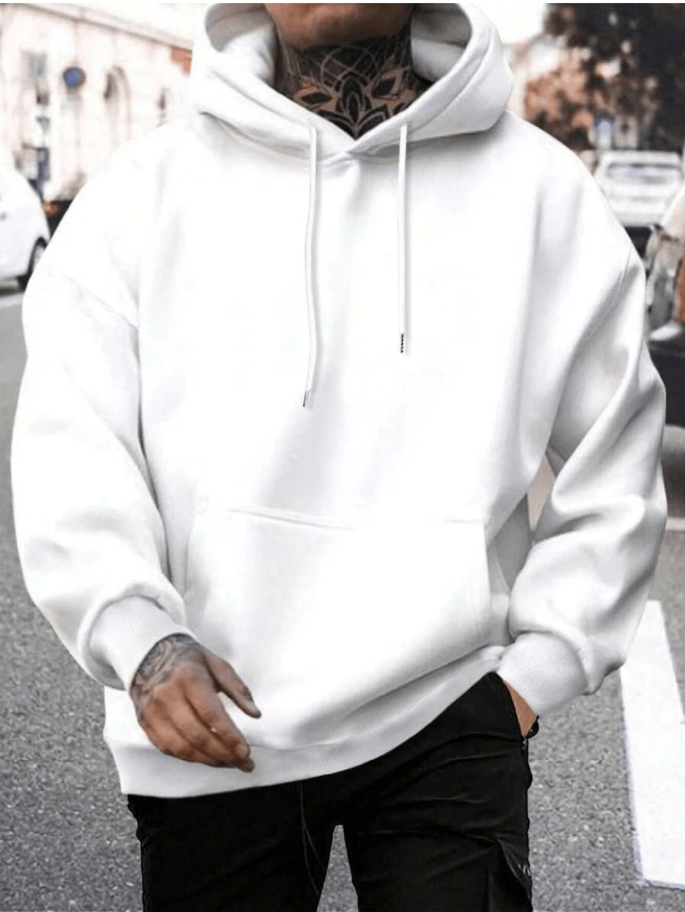 Men's Kangaroo Sweatshirt With Plain Hood Without Print Coat - trắng - Xem 1