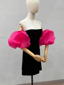 1 双白色欧根纱泡泡袖云朵袖，带弹性袖口，新娘短袖袖口