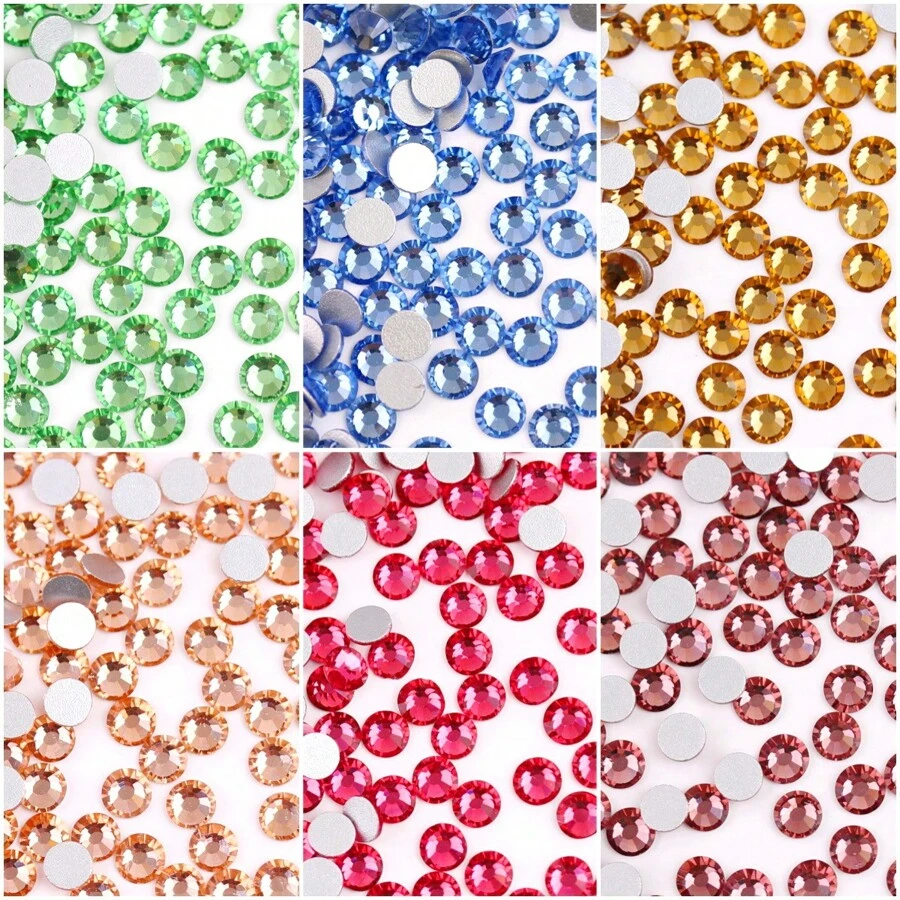 SS6 2MM-SS30 6.4MM, 7 Sizes, Non-Hot Fix, Adhesive Round Flat Bottom Glass Crystal Rhinestones, Multi-Color Crystal Gemstone Jewelry Beads DIY Glass Stone Diamond Design Accessories, Glitter Nail Art Stickers Decoration, Suitable For Phone Cases, Clothes, Bags, Shoes, Crafts
