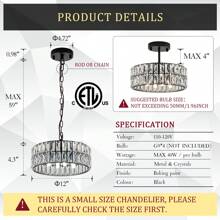 Crystal Pendant Light, 4-Light Modern Black Chandelier, 12" Small Crystal Semi Flush Mount Ceiling Light, Round Fixture For Kitchen Island, Foyer, Hallway - màu đen - Xem 4