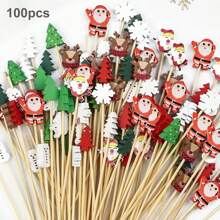 Christmas Cocktail Picks 100pcs Assorted Handmade Santa Claus Snowflake Snowman Christmas Tree Elk Fruits Bamboo Toothpicks For Drink Fruit Dessert Food Appetizers Decoration, Halloween, Halloween Decoration