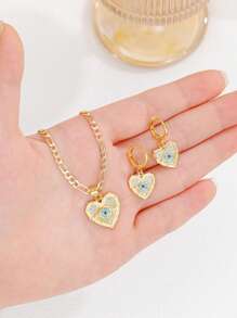 时尚个性化镀铜锆石恶魔之眼和心形吊坠项链耳环套装，女士三件套首饰套装 - 彩色 - 查看 3