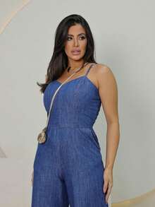 Women's Jeans Jumpsuit With Adjustable Straps And Elastic On The Back - 中洗 - 查看 3