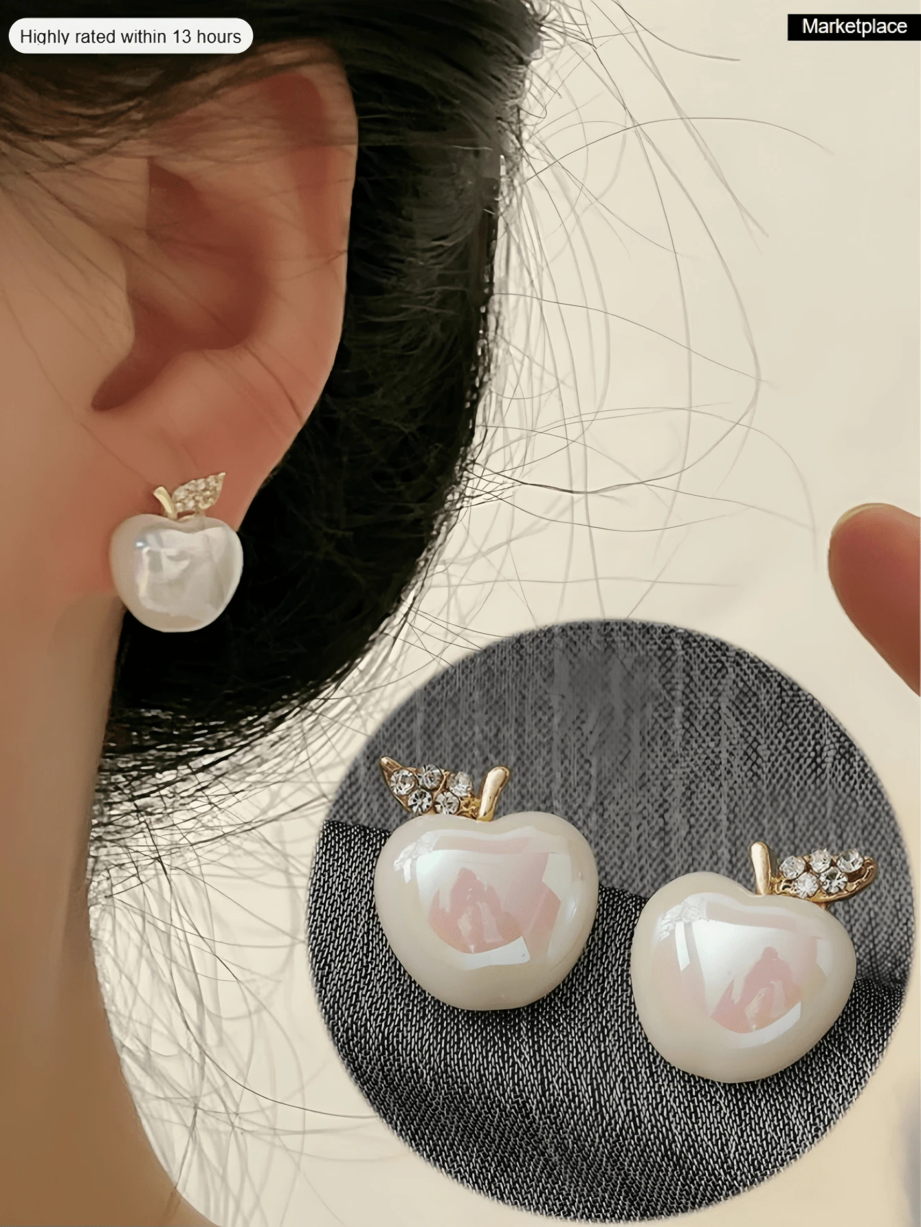 1 par de pendientes de botón con diseño de manzana de pedrería de moda, aptos para uso diario, fiesta y eventos - Blanco - Ver 1