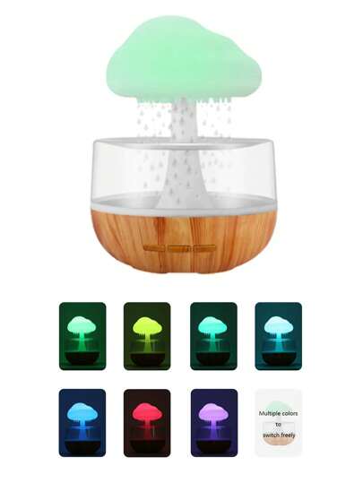 USB充电式蘑菇云加湿器，7颗LED灯泡，可爱精油香薰扩散器，雨滴夜灯，静音加湿器，营造放松氛围，装饰房间，迷你夜灯，舒缓雨声助眠
