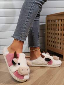 Women Fashion Cute Plush Cow House Slippers, Comfortable Flat Warm Indoor Slippers For Ladies