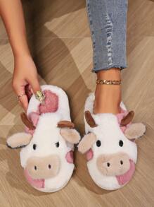 Women Fashion Cute Plush Cow House Slippers, Comfortable Flat Warm Indoor Slippers For Ladies
