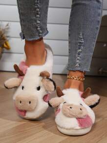 Women Fashion Cute Plush Cow House Slippers, Comfortable Flat Warm Indoor Slippers For Ladies