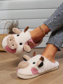 Women Fashion Cute Plush Cow House Slippers, Comfortable Flat Warm Indoor Slippers For Ladies