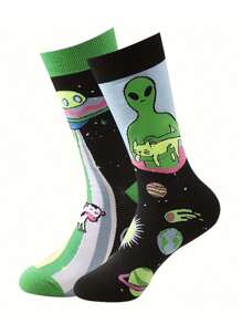 1pair Women's Versatile Comfortable Alien Pattern Crew Socks, Fall - Multicolor - View 1