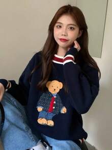 Embroidered Bear Colorblock Striped V-Neck Knit Sweater,Long Sleeve Tops - Navy Blue - View 3