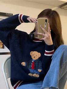 Embroidered Bear Colorblock Striped V-Neck Knit Sweater,Long Sleeve Tops - Navy Blue - View 6