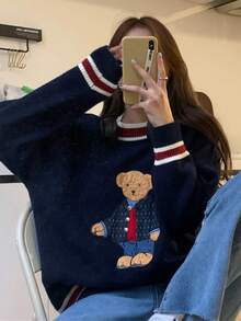 Embroidered Bear Colorblock Striped V-Neck Knit Sweater,Long Sleeve Tops - Navy Blue - View 5