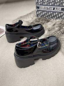 女士黑色漆皮厚底乐福鞋，校园百搭鞋，玛丽珍鞋