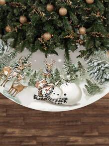 1 件圣诞树裙、圣诞老人、雪人、驯鹿和礼品盒印花、圣诞主题、家居、客厅、地板装饰、圣诞节