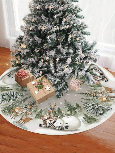 1 件圣诞树裙、圣诞老人、雪人、驯鹿和礼品盒印花、圣诞主题、家居、客厅、地板装饰、圣诞节