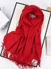 1 pieza Bufanda de mujer de un solo color de cachemir falso, cálida envuelta decorada con borlas, de longitud media para Navidad invierno