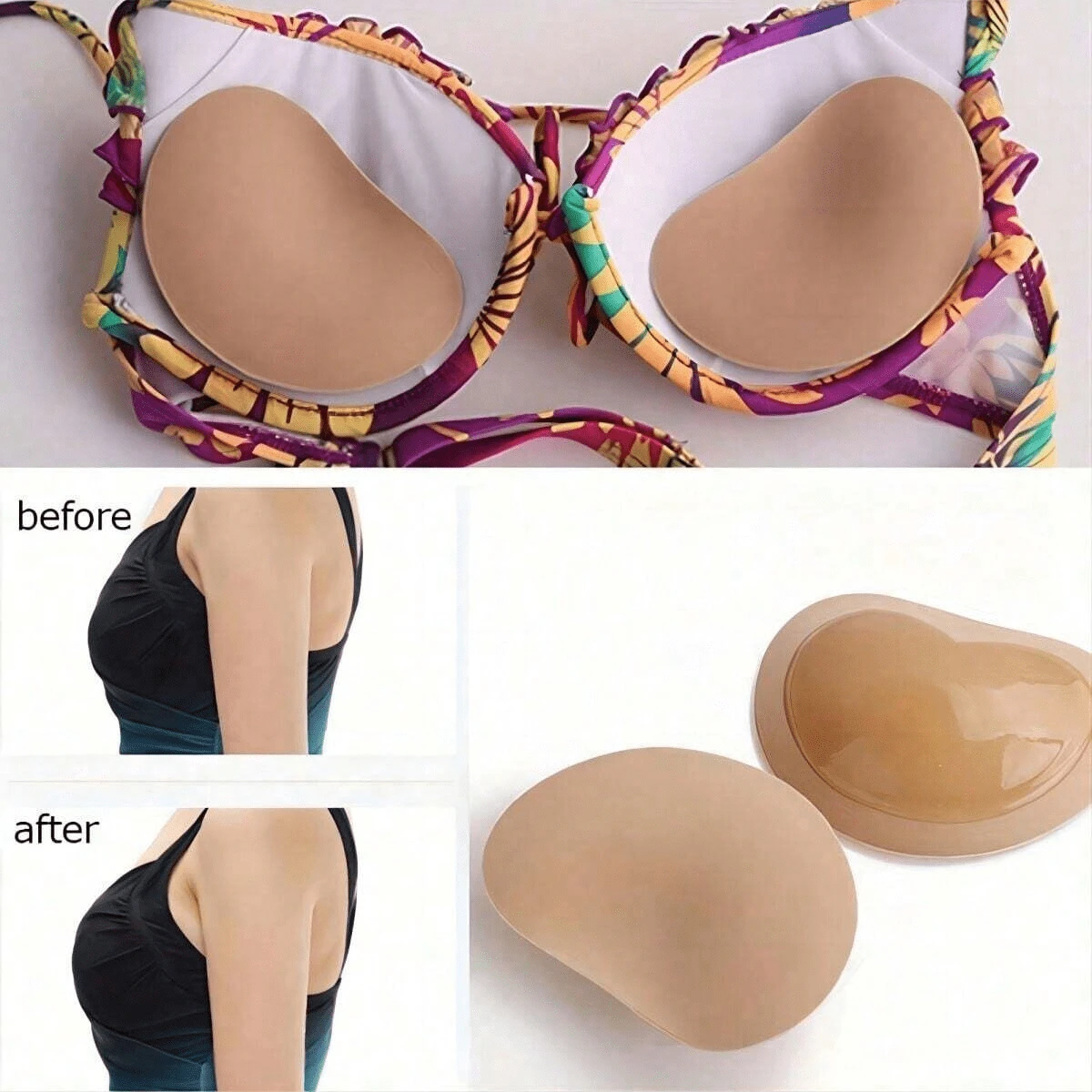 2pcs Bra Pad Insert Adhesive Bra, Push Up, Silicone Adhesive Breast Lift, Women's Sports Swimwear Waterproof Liner, Bikini Dress Swimsuit, Beige