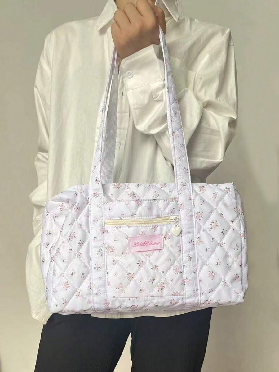 小众大容量短途旅行手提包，碎花图案，大容量单肩包，带衬垫和刺绣菱形网格，适合女士和女孩，多种颜色可选