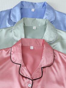 3 件套纯色缎面睡衣套装，含休闲短袖纽扣衬衫和蝴蝶结短裤，女士日常家居服 - 彩色 - 查看 3